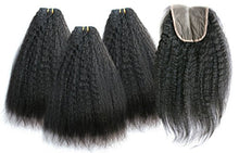 Ms Fenda Hair Kinky Straight Coase Yaki Natural Color Remy Virgin Brazilian Human Hair 3 Bundles with 1pc 4x4 Three Parting Lace Closure(12"12"12"+8"ThreeParting)