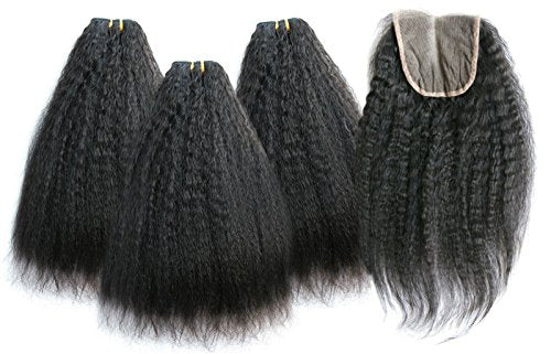 Ms Fenda Hair Kinky Straight Coase Yaki Natural Color Remy Virgin Brazilian Human Hair 3 Bundles with 1pc 4x4 Three Parting Lace Closure(12