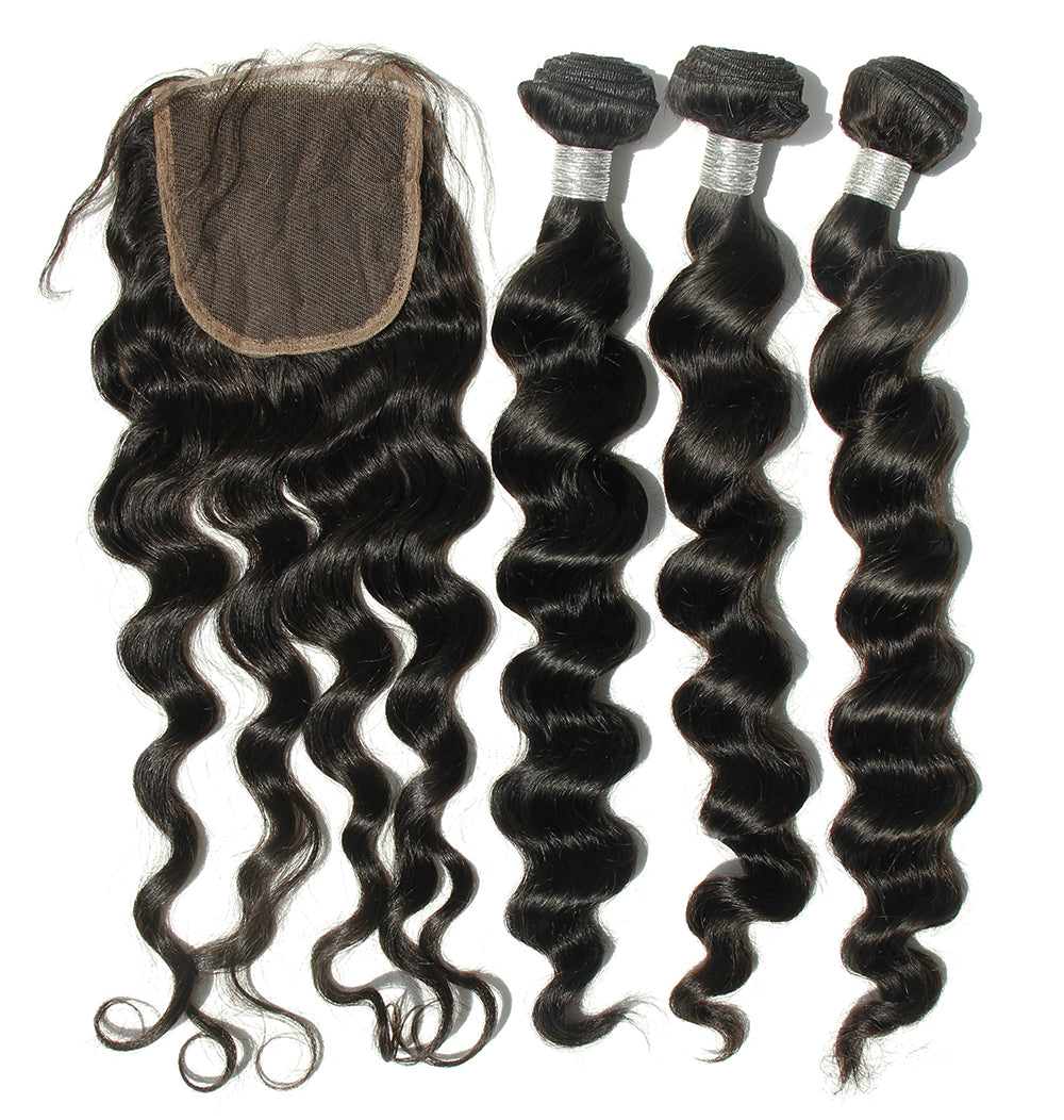 Ms Fenda Brazilian Virgin Human Hair Weaving Wefts 3 Bundles 1 piece 4x4 closure (Loose Wave)