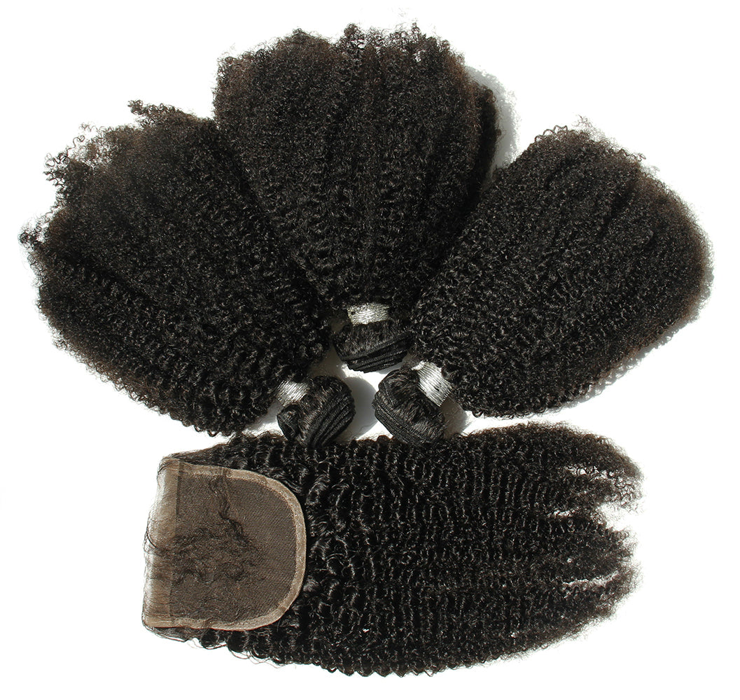 Ms Fenda Brazilian Virgin Human Hair Weaving Wefts 3 Bundles 1 piece 4x4 closure (Afro Kinky Curly)
